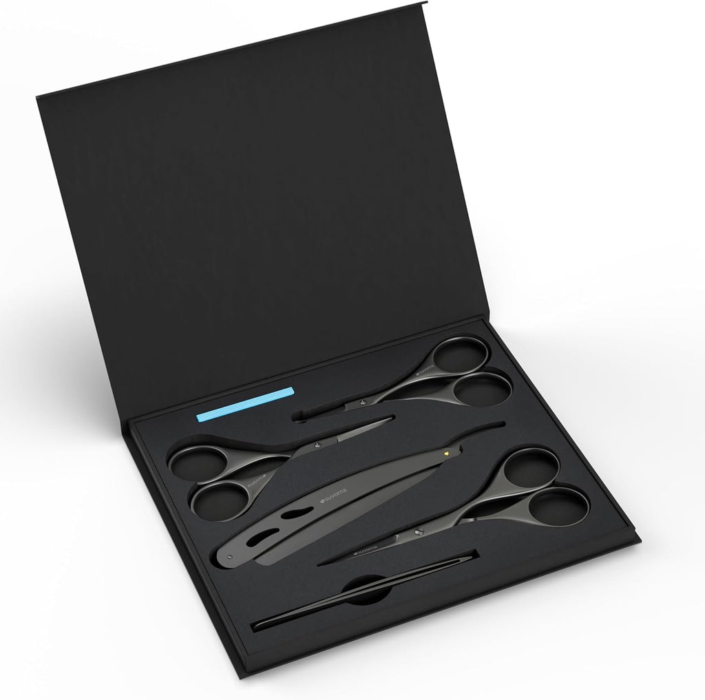 Suvorna Premium Beard & Mustache Set with Beard scissors for men, Straight Razor with blades- Facial Hair/Nose/Eyebrow Scissors - Slant Tweezers (6 Pcs Black)