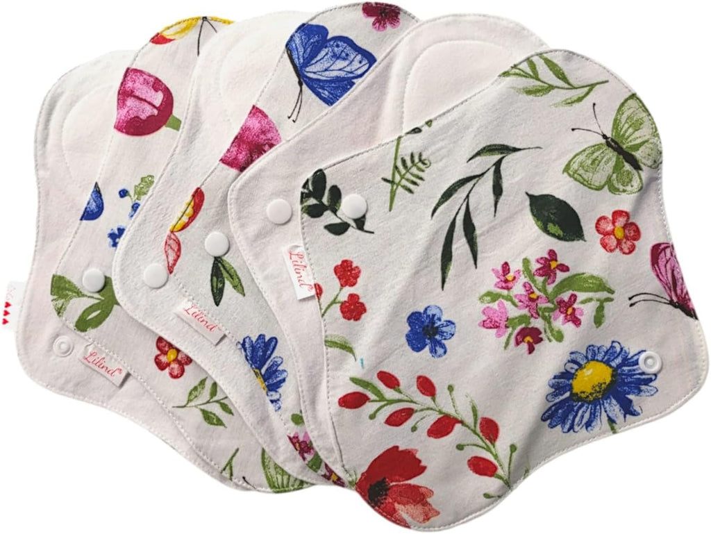 Lilind® 6 Pack Organic Cloth Pads, Regular 9 inch 100% Cotton Reusable Menstrual Sanitary Napkins, Complete Set, Zero Waste
