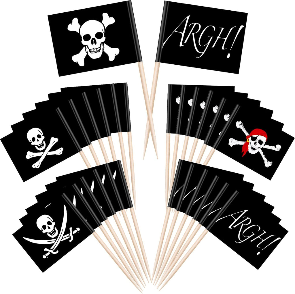 100 Pieces Pirate Cupcake Toppers Pirate Flag Toothpicks Cocktail Picks Food Picks Flags for Party Food Appetizer Cupcake Cocktail Decorations