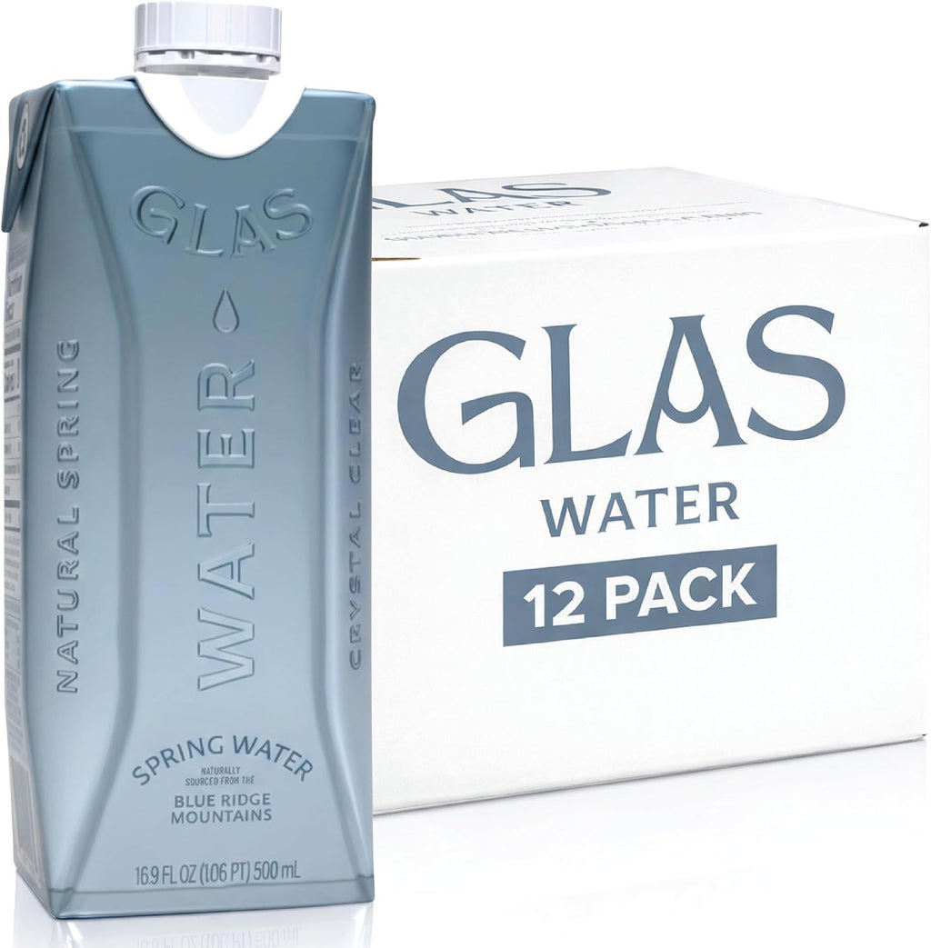 GLAS Water Natural Spring Water (12 Pack) 16.9oz / 500ml Boxed Water | Eco-Friendly Box with Plant-Based Cap | Sustainable Bottled Spring Water Alternative | Non-BPA, Recyclable Boxed