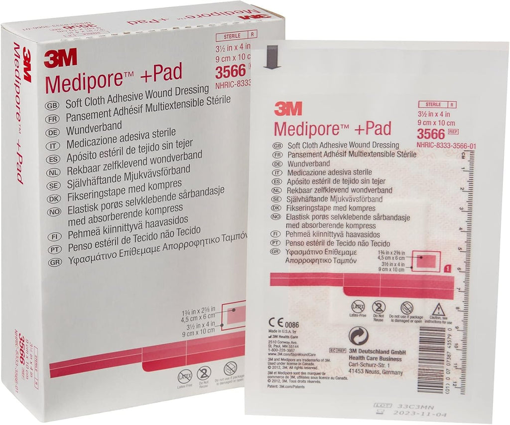 3M™ Medipore™ +Pad Soft Cloth Adhesive Wound Dressing, 3566, Dressing - 3-1/2 in x 4 in, Pad - 1-3/4 in x 2-3/8 in (Box of 25)