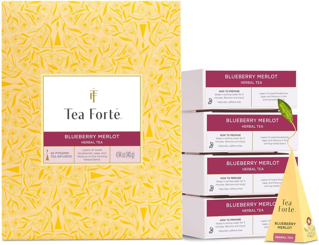 Tea Forte Blueberry Merlot Premium Caffeine-Free Herbal Tea Blend Event Box, Bulk Pack 40 Count, 10 per tray Individually Wrapped Handcrafted Pyramid Infusers