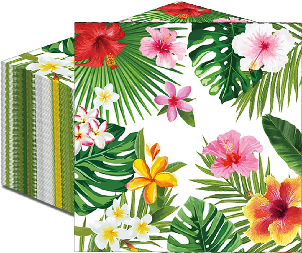 50 Count Tropical Hibiscus Floral Greenery Paper Napkins, Disposable Luau Party Cocktail Napkins for Hawaiian Aloha Theme Birthday, Summer BBQ, Pool Beach, and Picnic Table Decorations