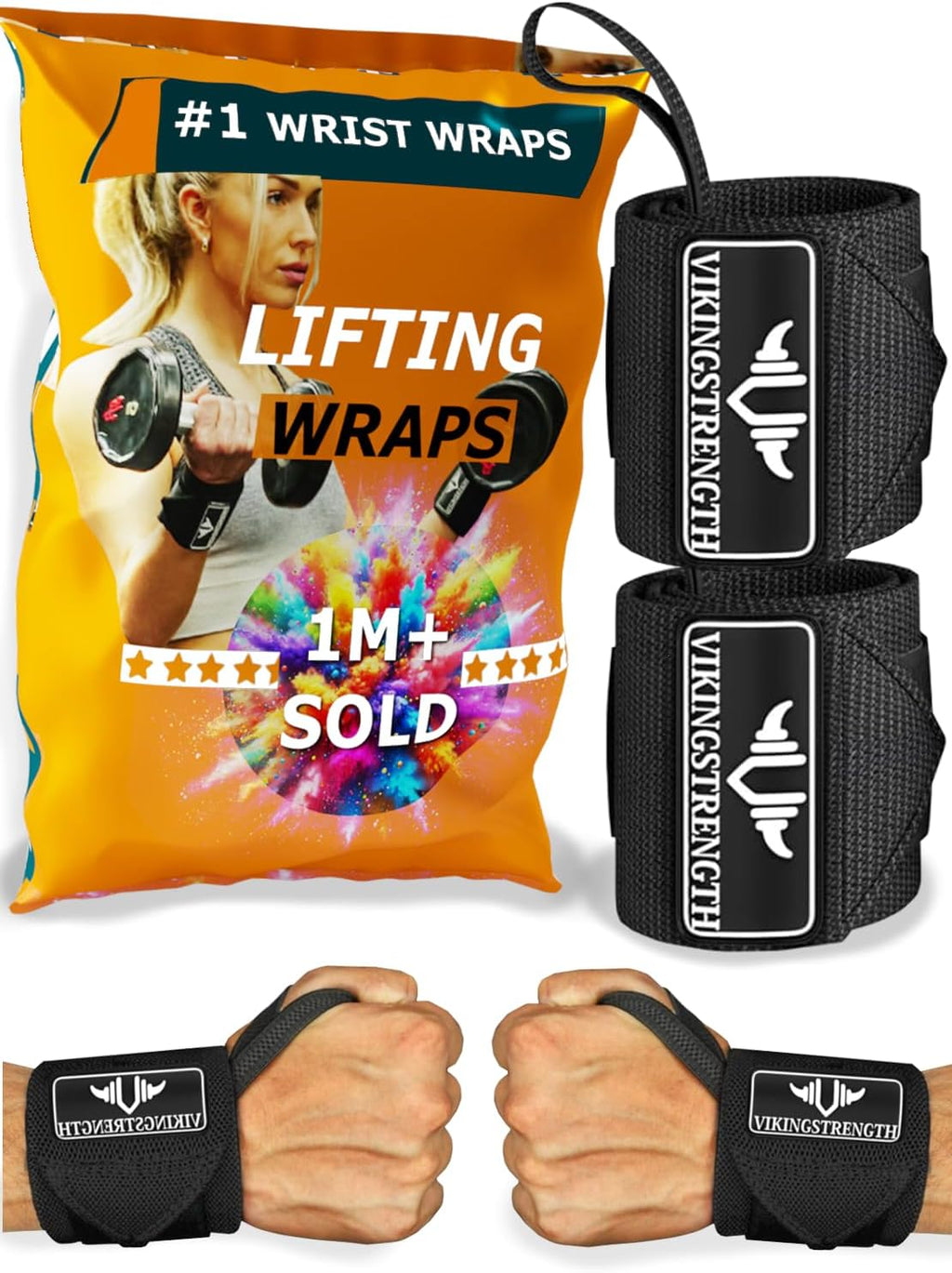 VIKINGSTRENGTH Wrist Brace Support (18" Premium Quality) for Weight lifting, Crossfit, Bodybuilding and Fitness. Wrist Wraps for Pain Relief and Recovery. Strap for Men and Women + V-Strength App