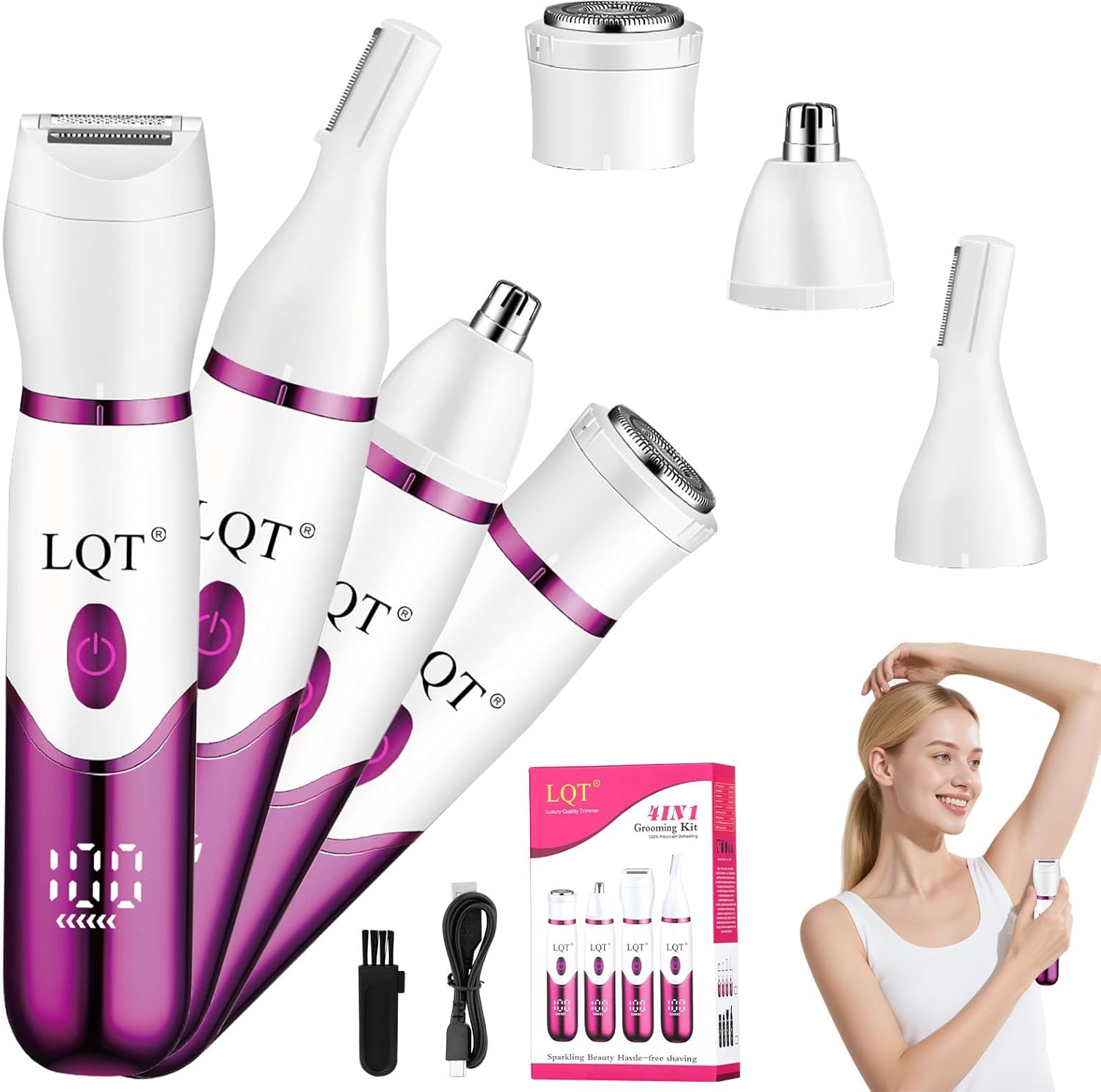 Electric Bikini Trimmer for Women,Led Power Display Removal for Body Nose Hair Trimmer Face Shavers Eyebrow Legs Armpit Bikini Area Pubic Underarms Rechargeable Portable 4 in 1 Womens Razors Set