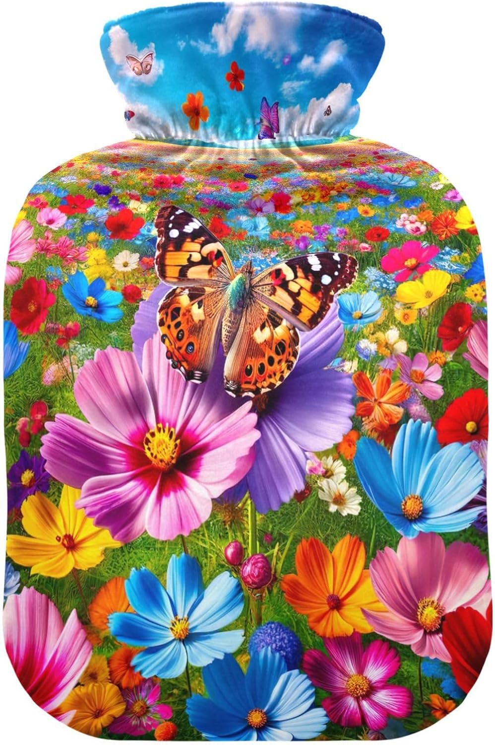 Colorful Flowers with Butterfly Hot Water Bottle with Soft Cover Hand Feet Warmer Hot Water Bag for Neck, Shoulder and Menstrual Cramps, 2L