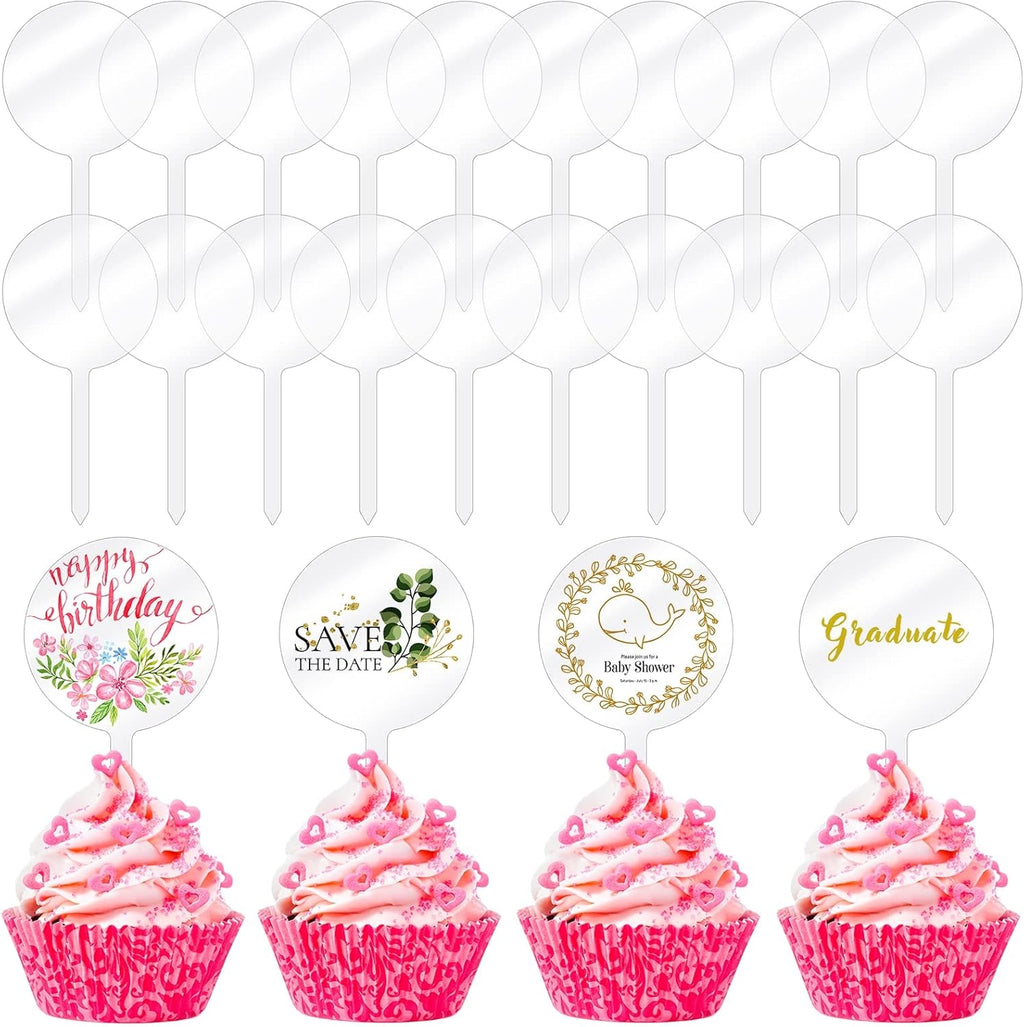 Chunful 30 Pack 2 Inch Circle Acrylic Custom Cupcake Topper, DIY Clear Blank Cake Personalized Cupcake Topper with Sticks for Birthday Party, Graduation, Wedding, Mother's, Baby Shower Cake Decoration