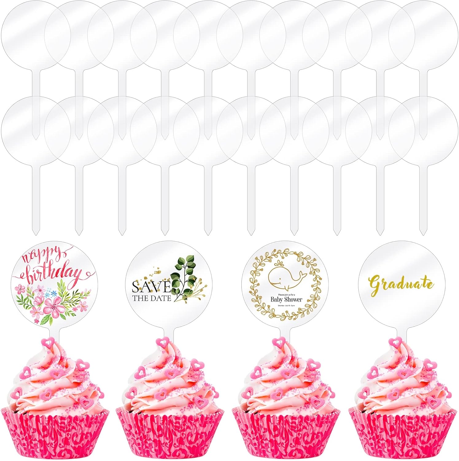 Chunful 30 Pack 2 Inch Circle Acrylic Custom Cupcake Topper, DIY Clear Blank Cake Personalized Cupcake Topper with Sticks for Birthday Party, Graduation, Wedding, Mother's, Baby Shower Cake Decoration