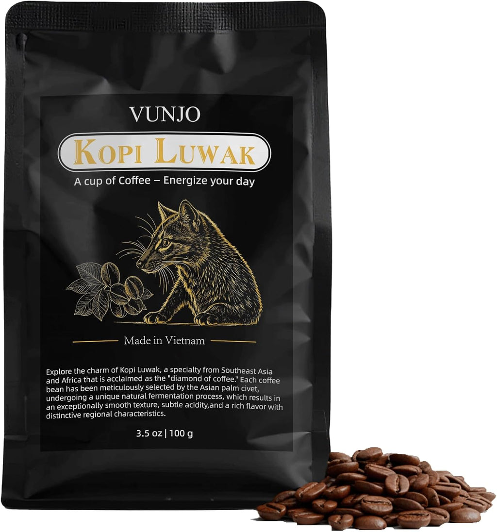 VUNJO Wild Kopi Luwak Coffee Beans, Medium Roast, Civet Coffee - Sustainably Sourced From Vietnam,3.5oz / 100 Grams