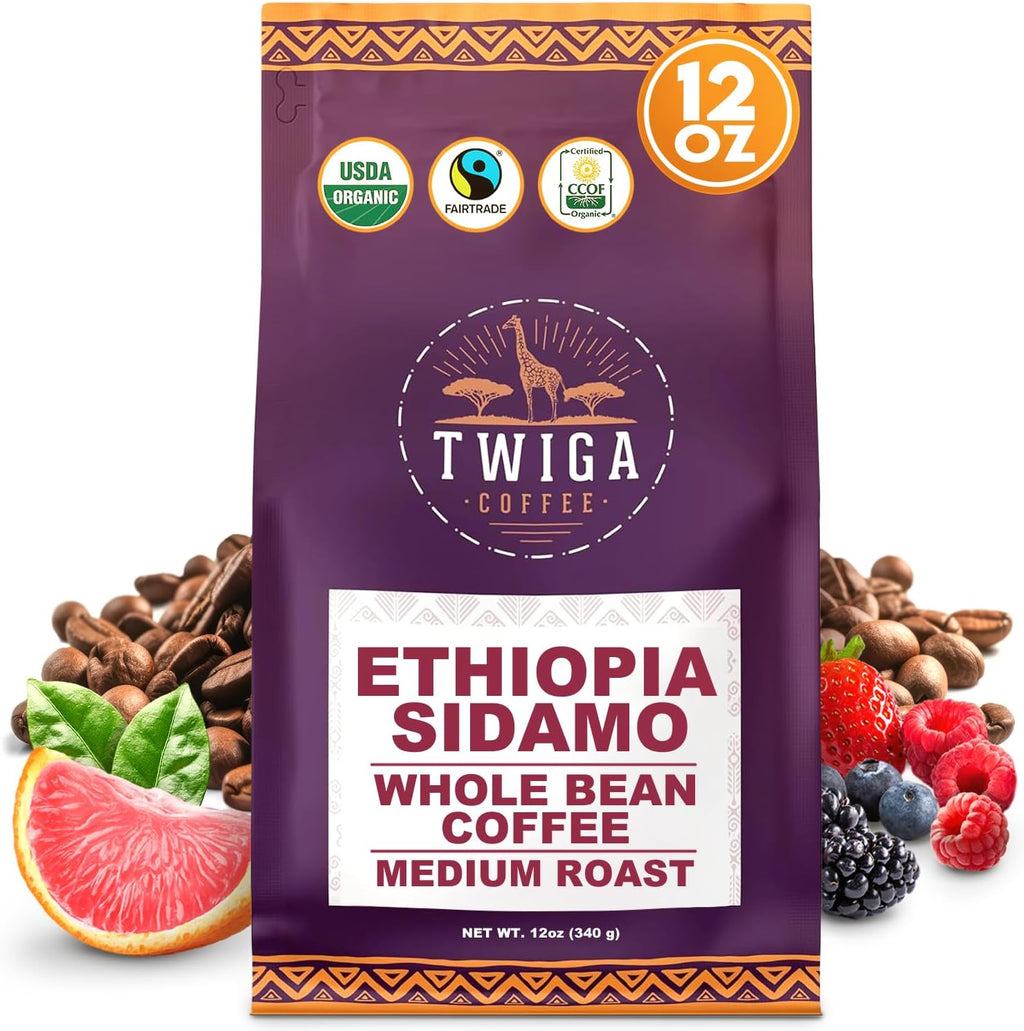 Twiga Coffee Premium Ethiopian Sidamo Whole Bean Coffee – Organic Medium Roast Arabica with Berry, Citrus & Floral Notes – Single Origin Ethiopia – Freshly Roasted 12 oz
