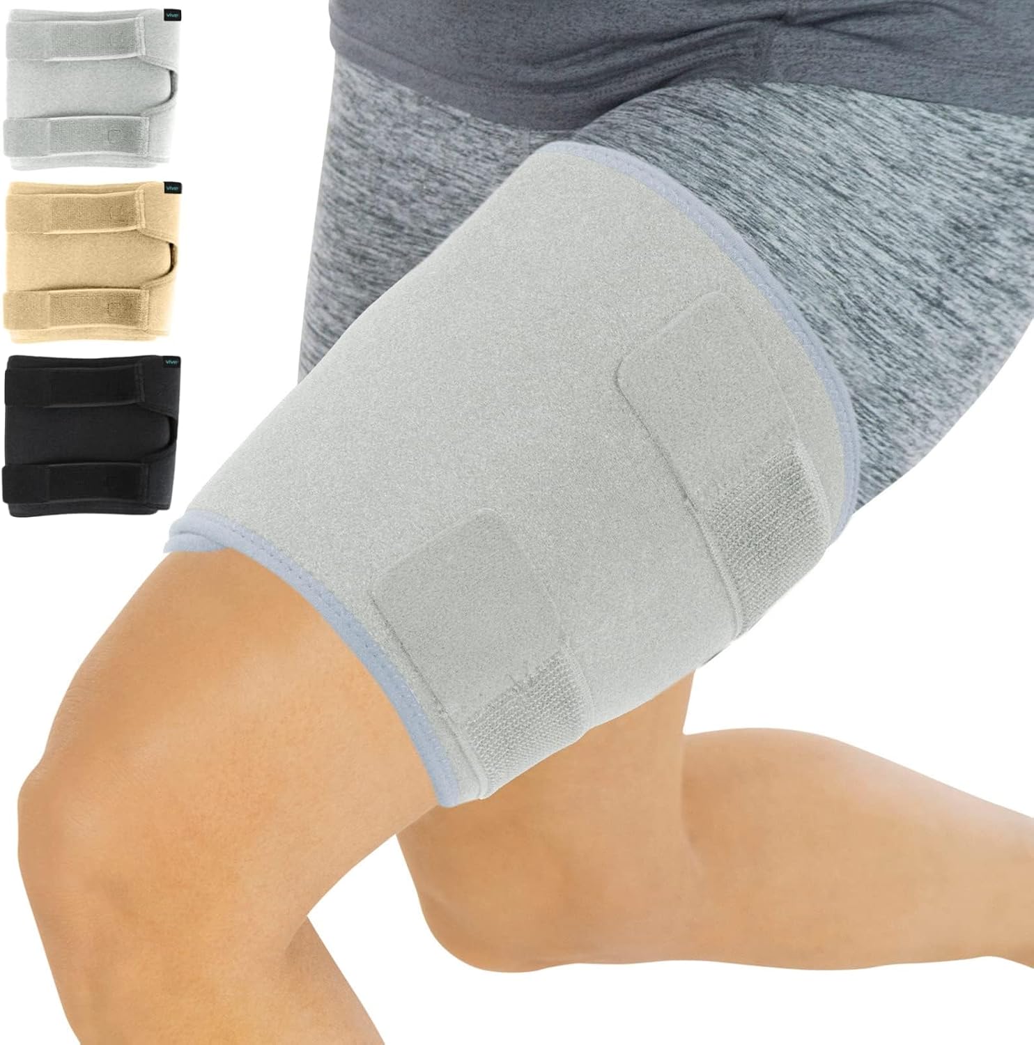 Vive Thigh Brace - Hamstring Quad Wrap - Adjustable Compression Sleeve Support for Pulled Groin Muscle, Sprains, Quadricep, Tendinitis, Workouts, Sciatica Pain and Sports Recovery - Men, Women (Grey)