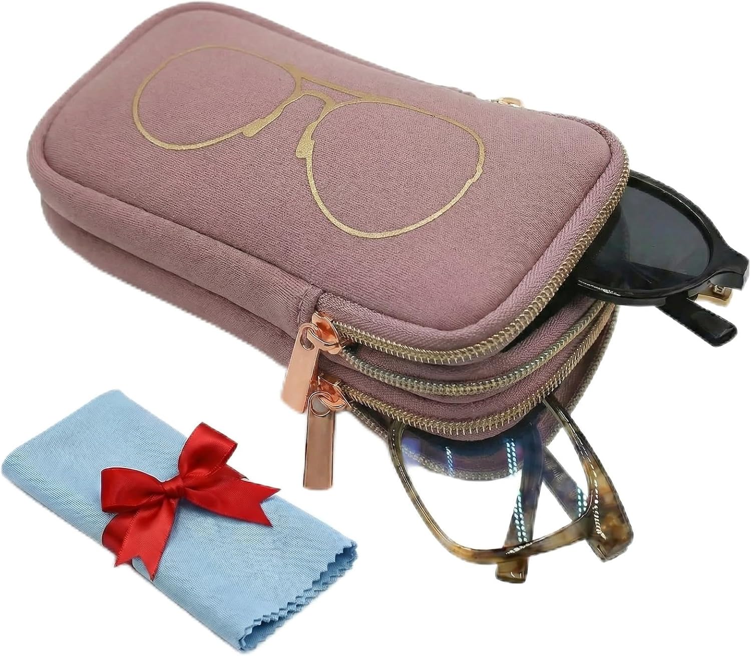 Double Glasses Case Neoprene Pouch Soft Eyeglass Sunglasses Cases With Cleaning Cloth