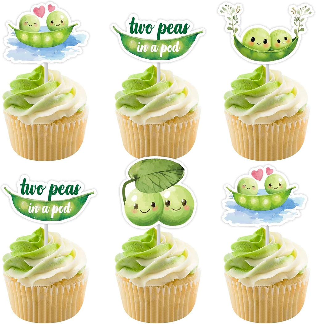 Cheereveal 24pcs Two Peas in a Pod Twins Baby Shower Cupcake Toppers, Cute Peas Cake Decorations, Green Vegetable Theme Cupcake Picks Gender Reveal Party Supplies