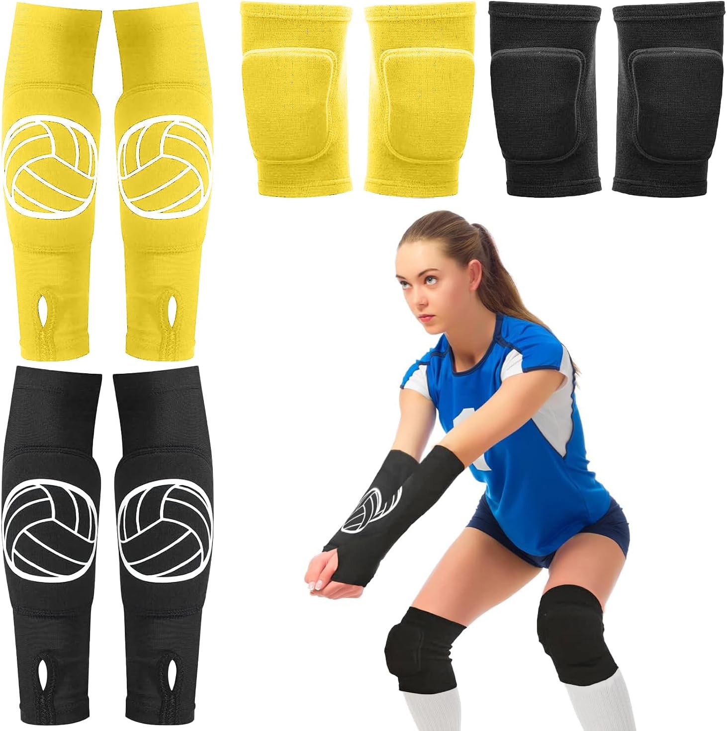 Sosation 2 Set Volleyball Knee Pads and Volleyball Arm Sleeves with Protection Pad Compression Forearm Wrist Guard with Thumb Hole Soft Breathable for Hitting Passing