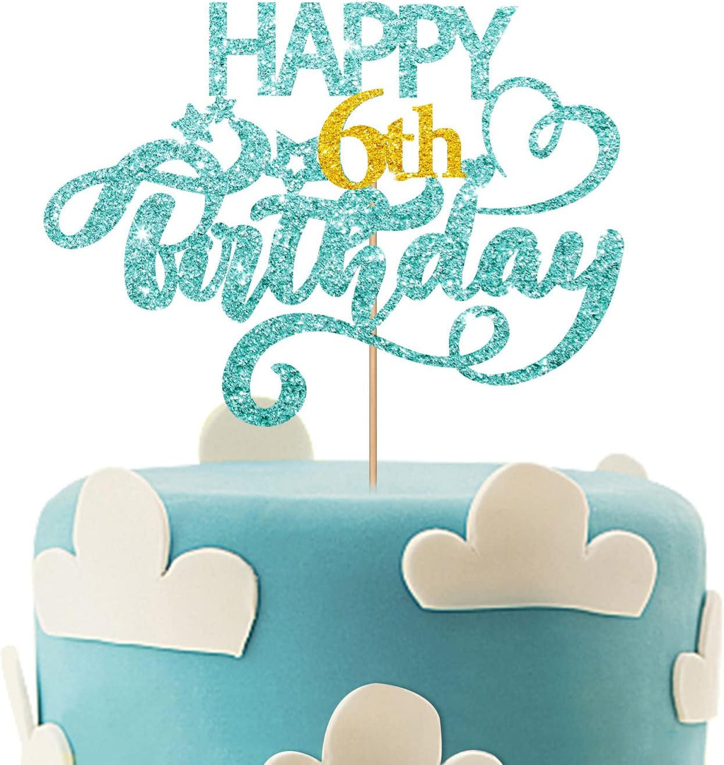 Sky Blue Glitter Happy 6th Birthday Cake Topper, 6.3" x 3.5" Cardboard & Wooden Stick, 1 Pre-Packaged, Perfect for Birthday Parties