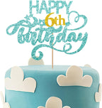 Sky Blue Glitter Happy 6th Birthday Cake Topper, 6.3" x 3.5" Cardboard & Wooden Stick, 1 Pre-Packaged, Perfect for Birthday Parties