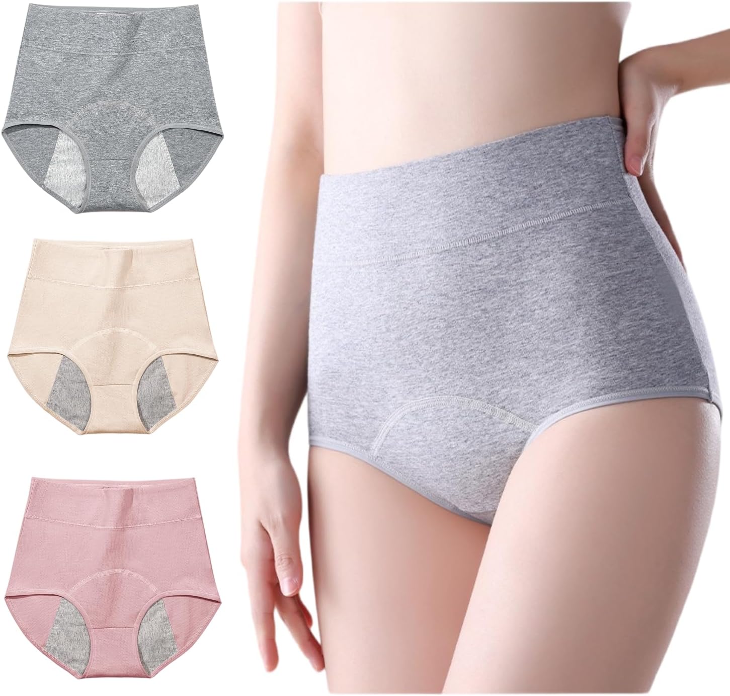 3 Pack Women's Incontinence Underwear Washable, Double Elastic High Waist Adult Incontinence Protective Briefs, Reusable for Light Bladder Leakage(L-Waist: 24.4''~38.6'')