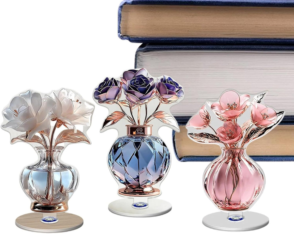 Genérico Floral Decorations - 2D Acrylic Flat Table Figures with 360 Degrees, 3 Artificial Flowers | for Wedding Spring Mother's Day Dining Room Birthday Office