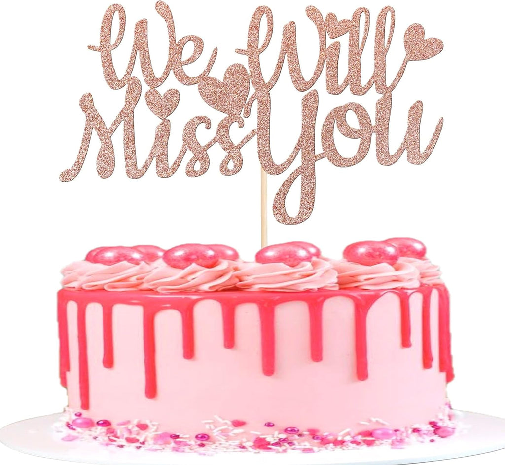 1 Pack We Will Miss You Cake Topper Glitter Red Love Heart Good Luck Cake Pick Retirement Theme Going Away Party Cake Decorations Rose Gold