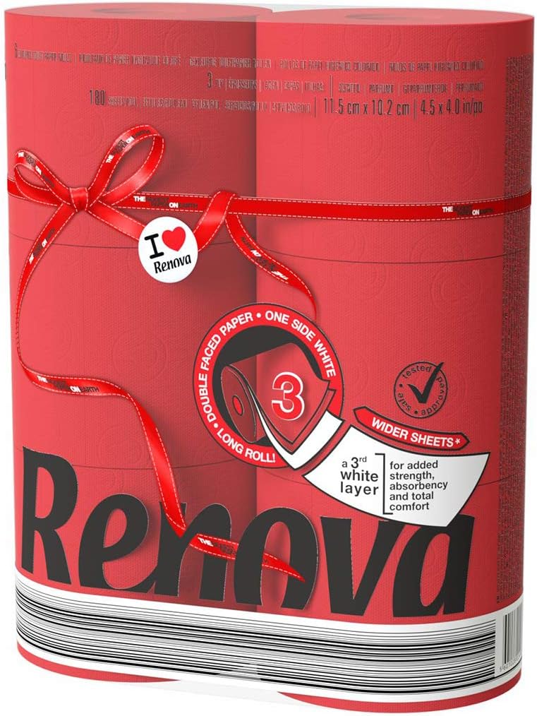 Renova Luxury Scented Colored Toilet Paper 6 Jumbo Rolls 3-Ply-180 Sheets Red, 1 Count (Pack of 1) (renmaxirtp6)