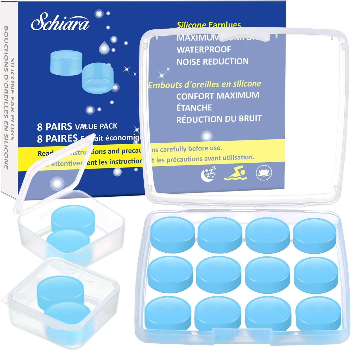 Ear Plugs for Sleeping, 16 Moldable Noise Cancelling Silicone Earplugs for Swimming, Snoring, Sleep and Studying, Blue