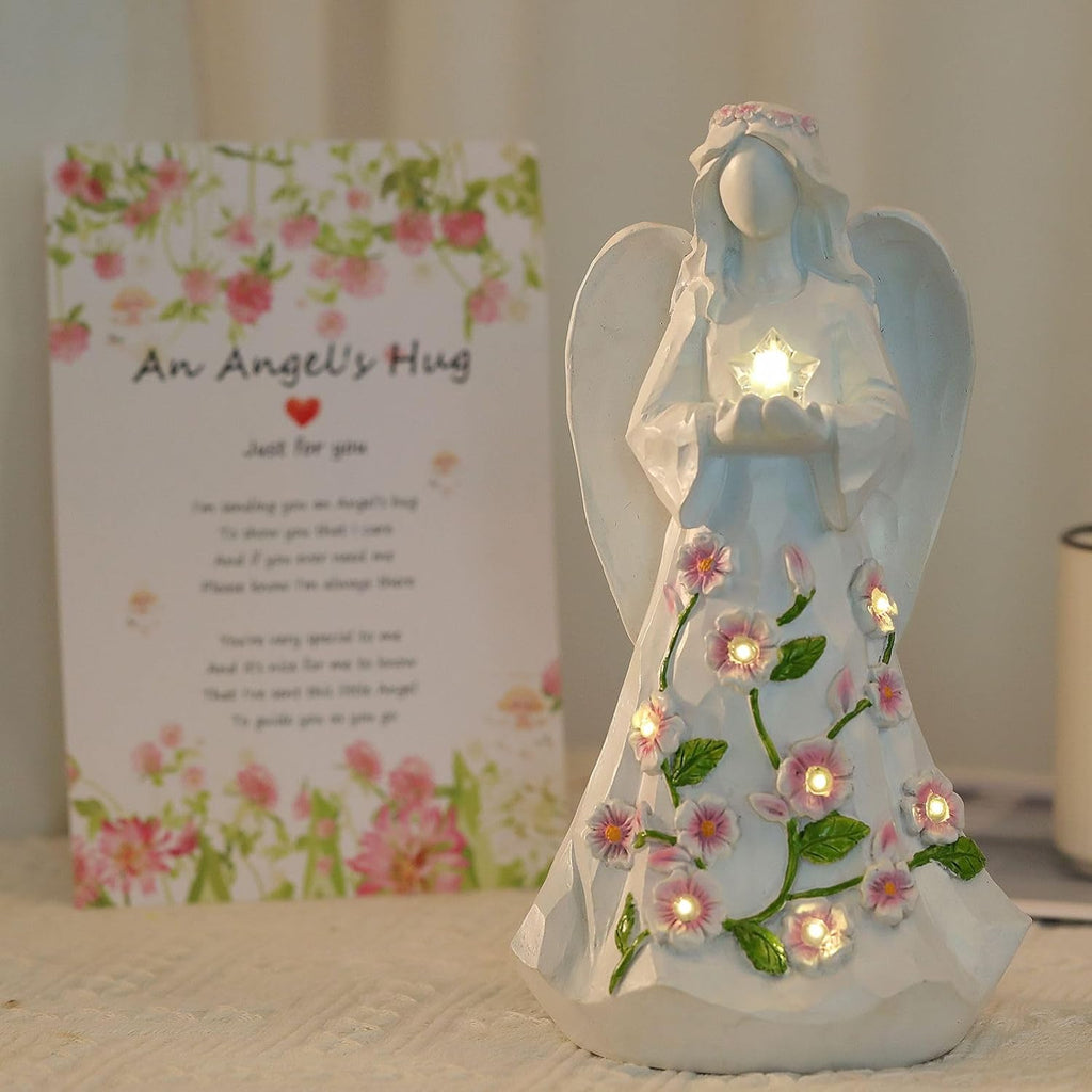 Guardian Angel Figurines with Light Star Battery Operated Angel Statue Decor, Birthday Gift for Grandma Grandmother Aunt Birthday Gift (with Timing Function)