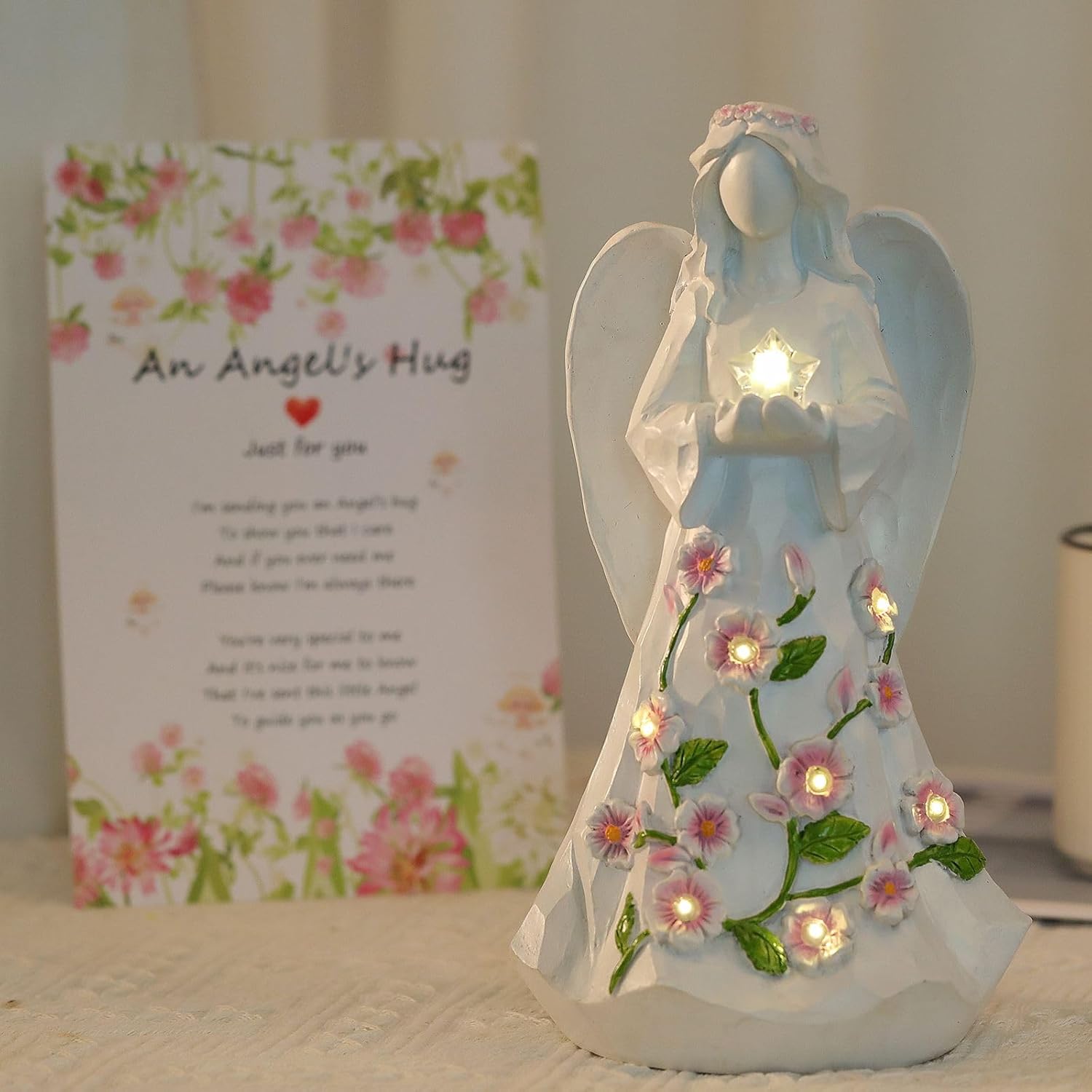 Guardian Angel Figurines with Light Star Battery Operated Angel Statue Decor, Birthday Gift for Grandma Grandmother Aunt Birthday Gift (with Timing Function)