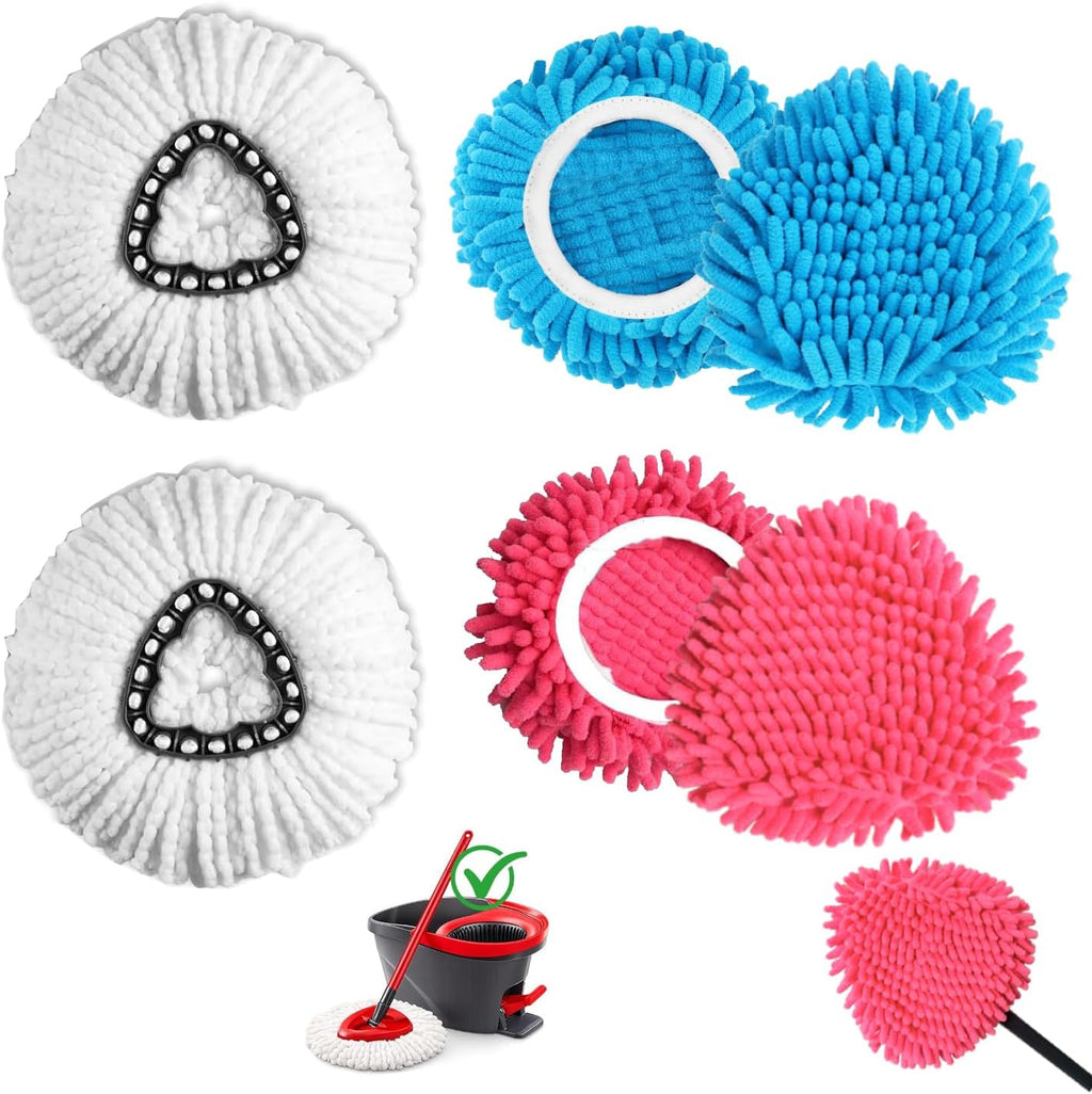 6 Pack Spin Mop Head Replacements Compatible with OCedar Easywring 1 Tank,4 Chenille Duster Mops Pad Refill Compatible with Oceda,Includes 2 PCS Microfiber Mops,White Red Blue,Machine Washable