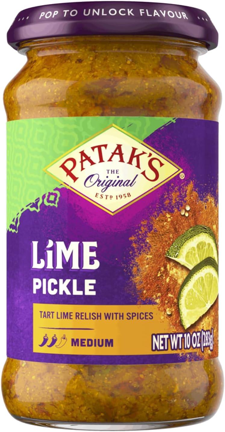 Patak’s Medium Lime Pickle - Authentic Indian Pickle Relish w/Lime Dices, Mustard Seeds & Aromatic Spices - Perfect for Sandwiches, Curries & Cold Meats - Indian Pickle - 10oz Jar (Pack of 1)