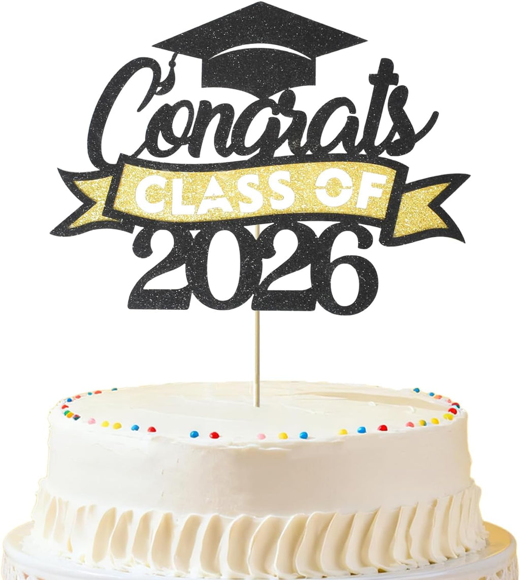 Graduation Cake Topper Class of 2026, Congrats Grad Cake Picks - Glitter Graduation Cake Decorations, 2026 Graduation Party Supplies for High School College University(Black with Gold)