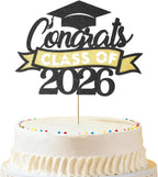 Graduation Cake Topper Class of 2026, Congrats Grad Cake Picks - Glitter Graduation Cake Decorations, 2026 Graduation Party Supplies for High School College University(Black with Gold)