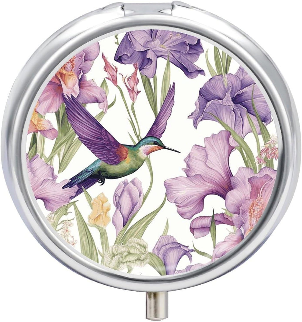 Hummingbirds Irises Flowers Round Pill Box 3 Compartment Pill Box for Pocket Purse Portable Travel Medicine Tablet Vitamin Holder Organizer Mini Decorative Pill Case