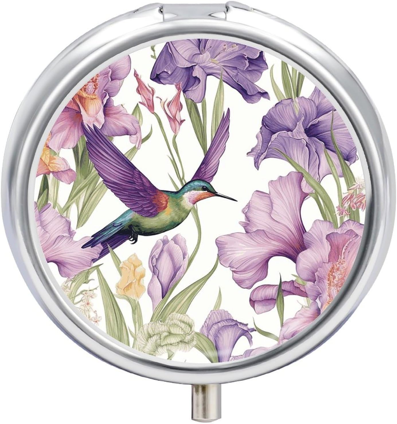 Hummingbirds Irises Flowers Round Pill Box 3 Compartment Pill Box for Pocket Purse Portable Travel Medicine Tablet Vitamin Holder Organizer Mini Decorative Pill Case