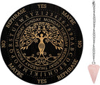AHANDMAKER Pendulum Board Set, Wooden Dowsing Divination Board Metaphysical Message Board with Crystal Pendulum Necklace for Witchcraft Wiccan Altar Supplies Kit, Tree of Life Pattern