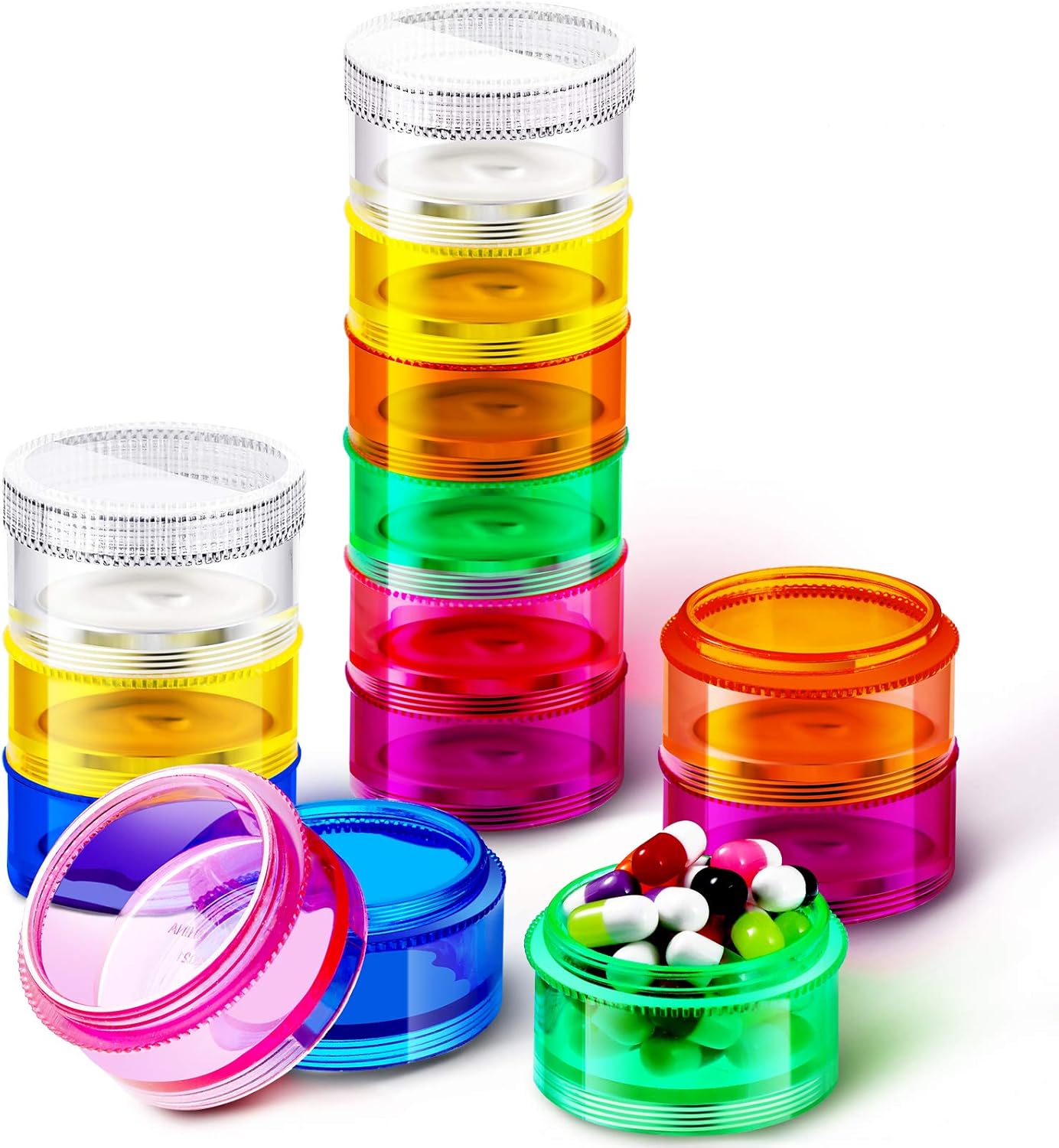 Sieral 2 Set 7 Days Stackable Pill Organizers 7 Compartments Round Pill Boxes Tower Weekly Vitamin Individual Storage Containers Travel Cases with Lids for Medications, Vitamins and Supplements
