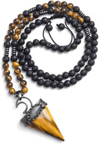 Jovivi 6mm Natural Tiger Eye Crystal Pendulum Necklace Lava Rock Labradorite Healing Chakra Triangle Pendulum Crystal w/Moon 25inches Adjustable