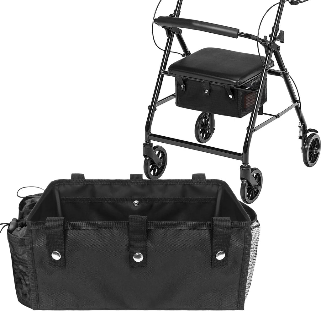 Upgraded Under Seat Rollator Bags with Cup Holders, Four Wheel Drive Walker Basket, Reusable Walker Bags for Rolling Walker, Rollator Basket Accessory for Seniors Storage Ipad & Essential