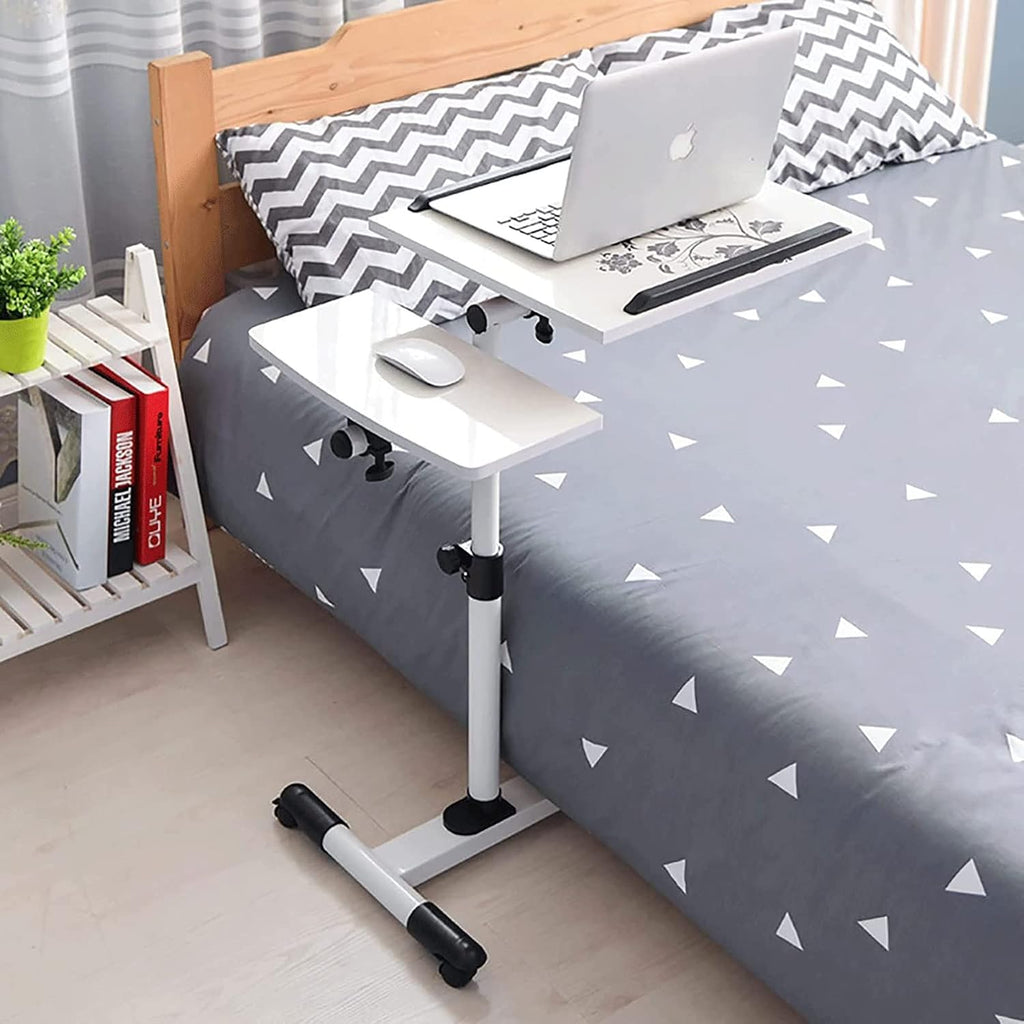 Side Table, Overbed Table with Wheels Height Adjustable Laptop Table, Portable Desk Hospital Bed Tray Table with Tilt Feature, Lightweight Chair/Bed Table for Elderly, Use for Home Meals, Wo