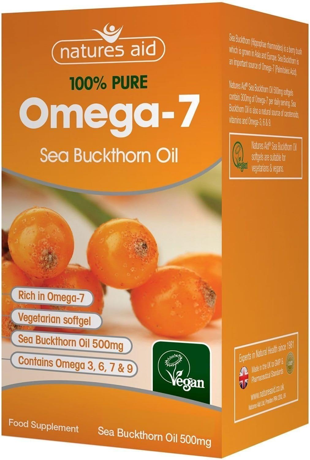 Natures Aid Sea Buckthorn Oil 500mg (Omega-7) 60 Vegan Softgels