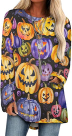 ZOCAVIA Halloween Shirts for Women Fall Long Sleeve Crewneck Sweatshirt Casual Retro Funny 3D Graphic Pullover Tops Oversized