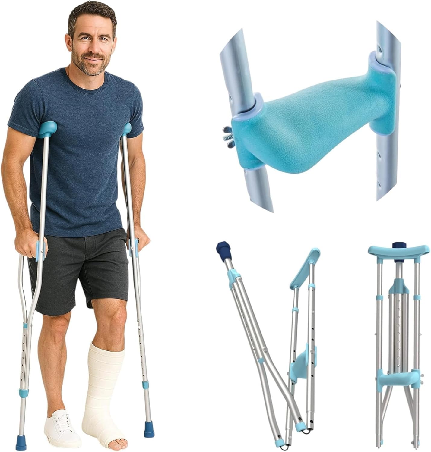 Foldable Ergonomic Crutches – Adjustable, Lightweight Crutches with Ergonomic Grips – Compact, 3X Comfortable Support – Fits 4’10” to 6’4” – 250 lb Capacity