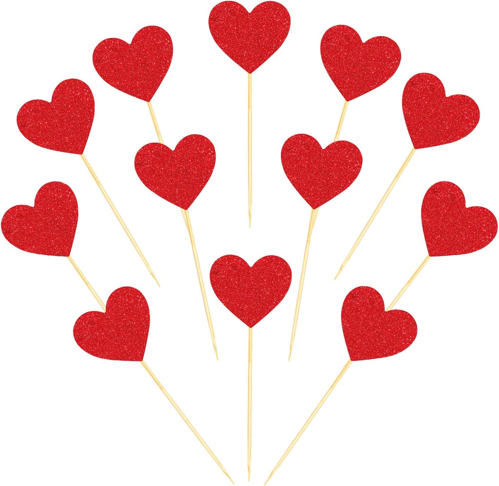 Hooqict 40Pcs Red Heart Cupcake Toppers Glitter Sweet Love Valentine's Day Cupcake Toppers Birthday Cake Topper Decorations for Happy Valentines Galentines Day Anniversary Party Cake Decorations