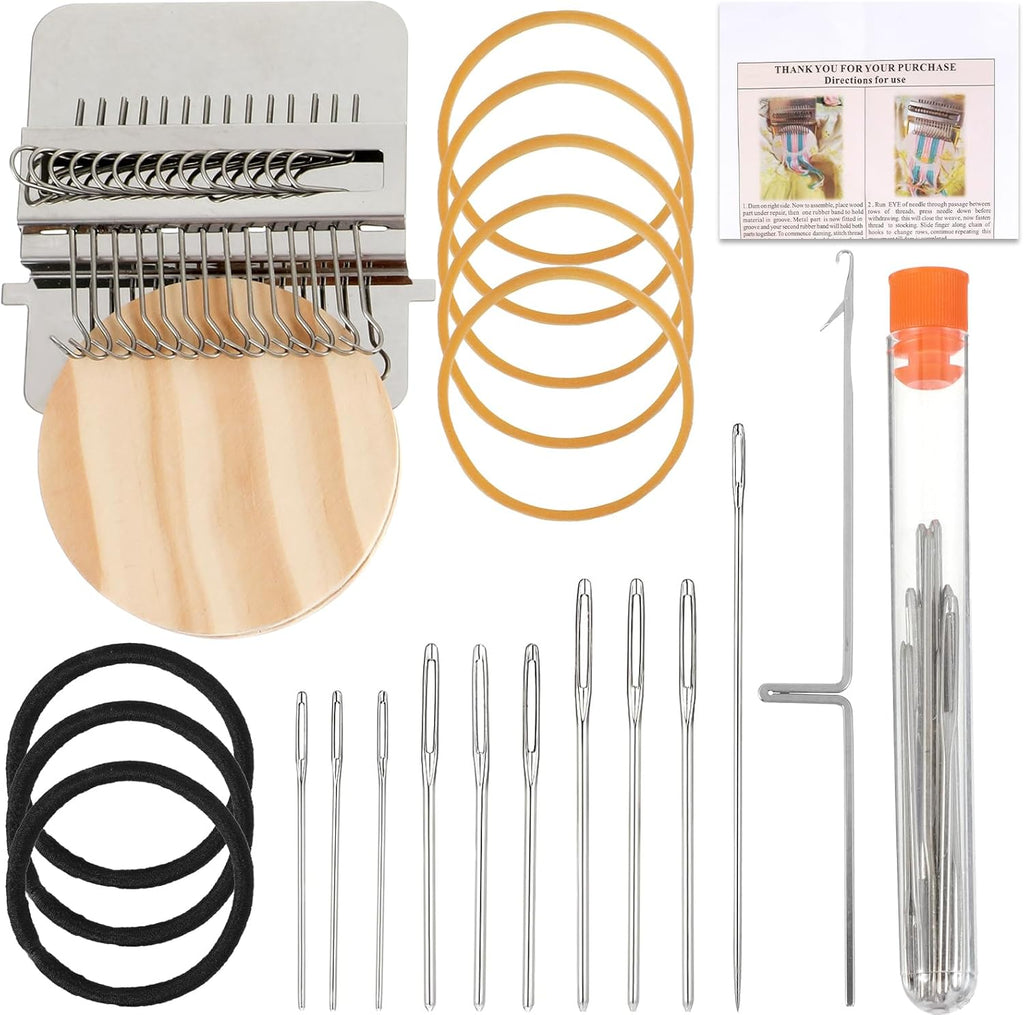 Mini Loom Machine Kit, Wooden Weaving Tool with Stainless Steel Needles, Loom Type Weave Tool for Beginners Quickly Mending Jeans Mending Socks Clothes