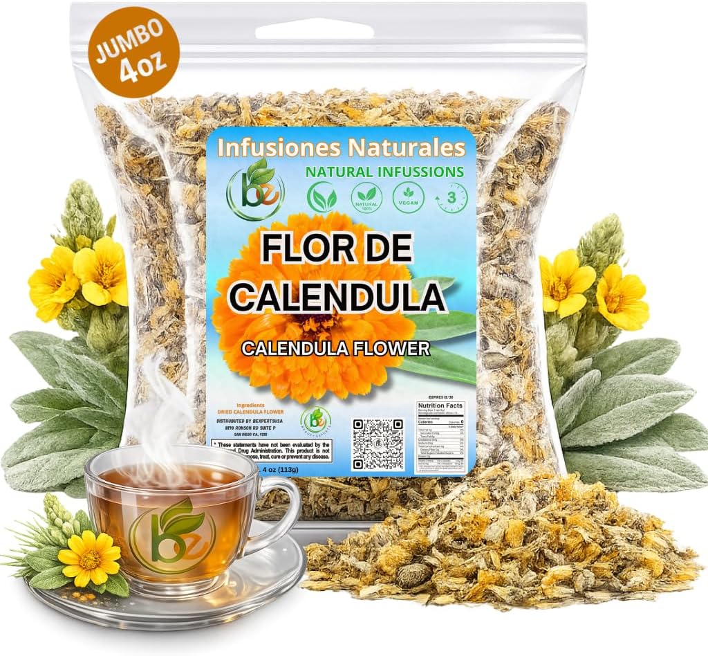 Calendula Herbal Tea – 4 oz (113 g) – Dried Marigold Flower Petals (Flores de Caléndula) – Loose Leaf Herbal Te, Culinary & Topical Use – Wildcrafted, Non-GMO, Gluten-Free – by BexpertsUSA