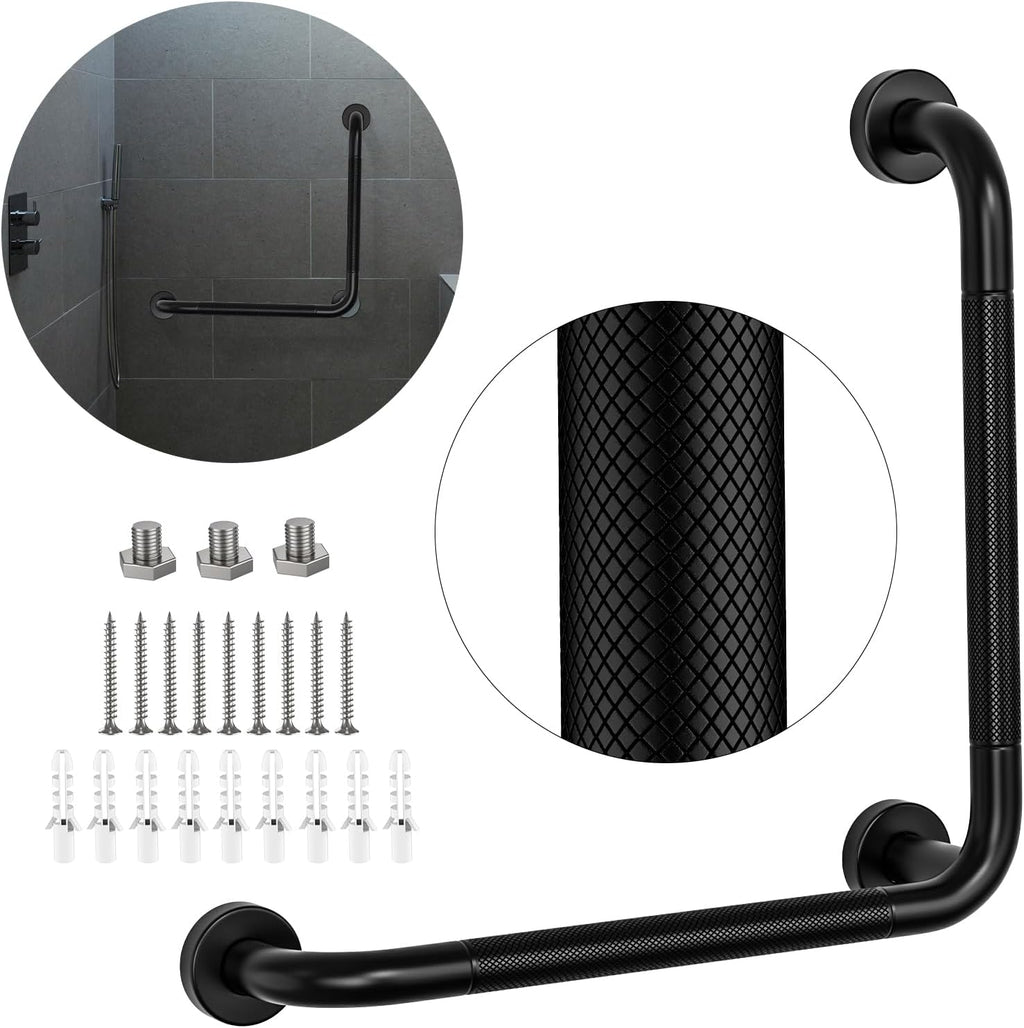 Black Angled Grab Bar 16x16 Inch, Stainless Steel Bathroom Grab Bar w/Anti-Slip Knurled Grip, Wall Mounted Bathtub Toilet Safety Handrail for Elderly Senior, L-Shaped Grab Bar for Shower