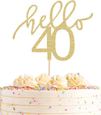 AHAORAY Hello 40 Cake Topper - Gold Glitter 40th Birthday Cake Decorations - 40 Wedding Anniversary Party Cake Decor