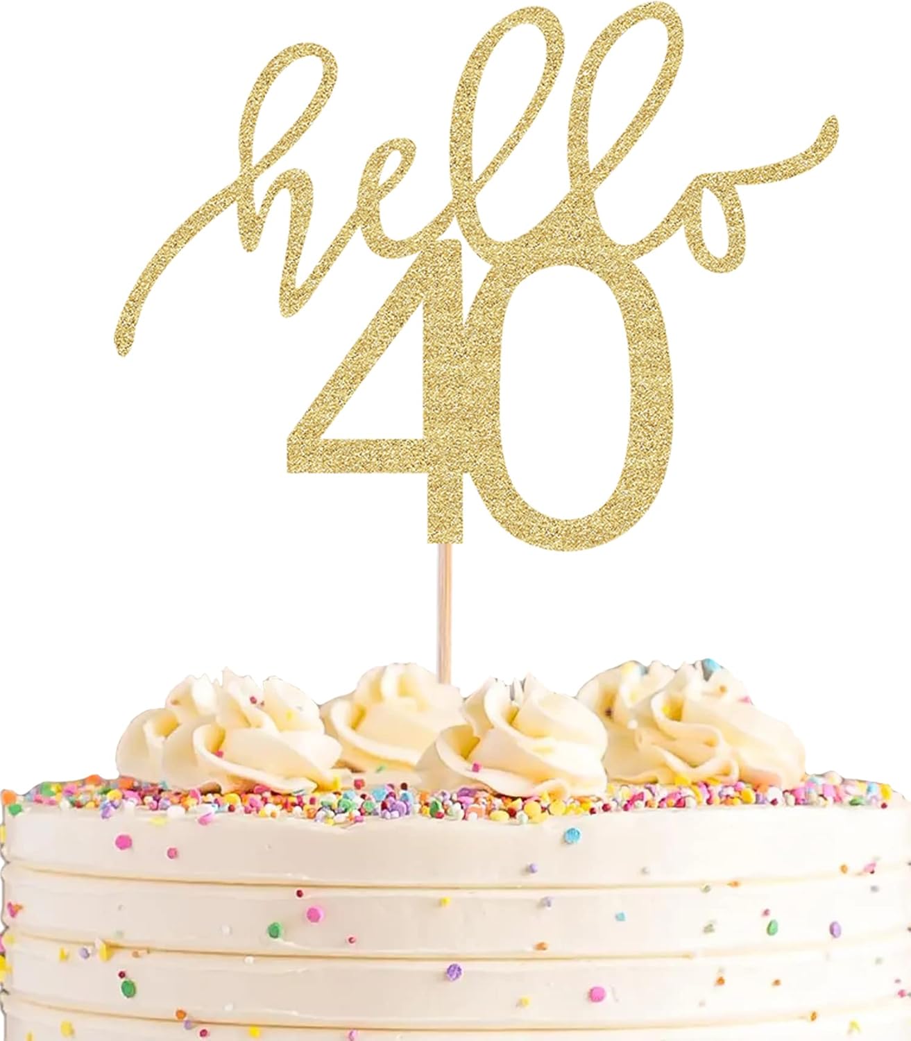 AHAORAY Hello 40 Cake Topper - Gold Glitter 40th Birthday Cake Decorations - 40 Wedding Anniversary Party Cake Decor