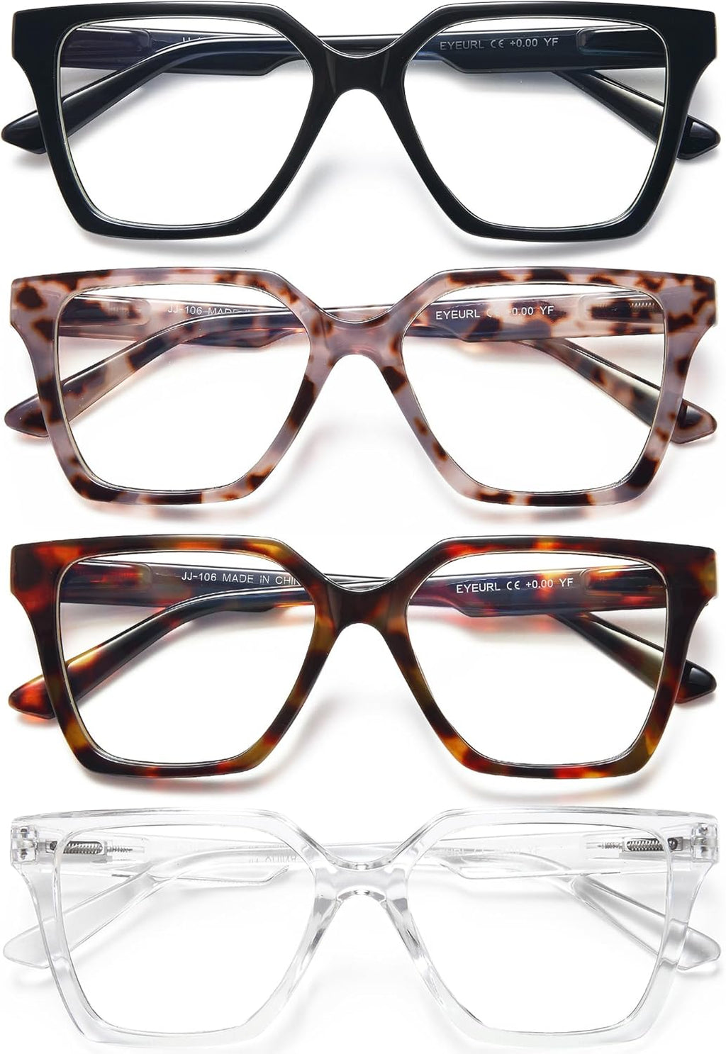 EYEURL 4 Pack Fashion Oversized Reading Glasses for Women Men Blue Light Blocking Computer Square Readers with Spring Hinge Designer Ladies Large Frame Square Anti UV Ray Eyeglasses 2.0