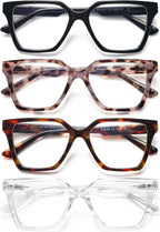 EYEURL 4 Pack Fashion Oversized Reading Glasses for Women Men Blue Light Blocking Computer Square Readers with Spring Hinge Designer Ladies Large Frame Square Anti UV Ray Eyeglasses 2.0