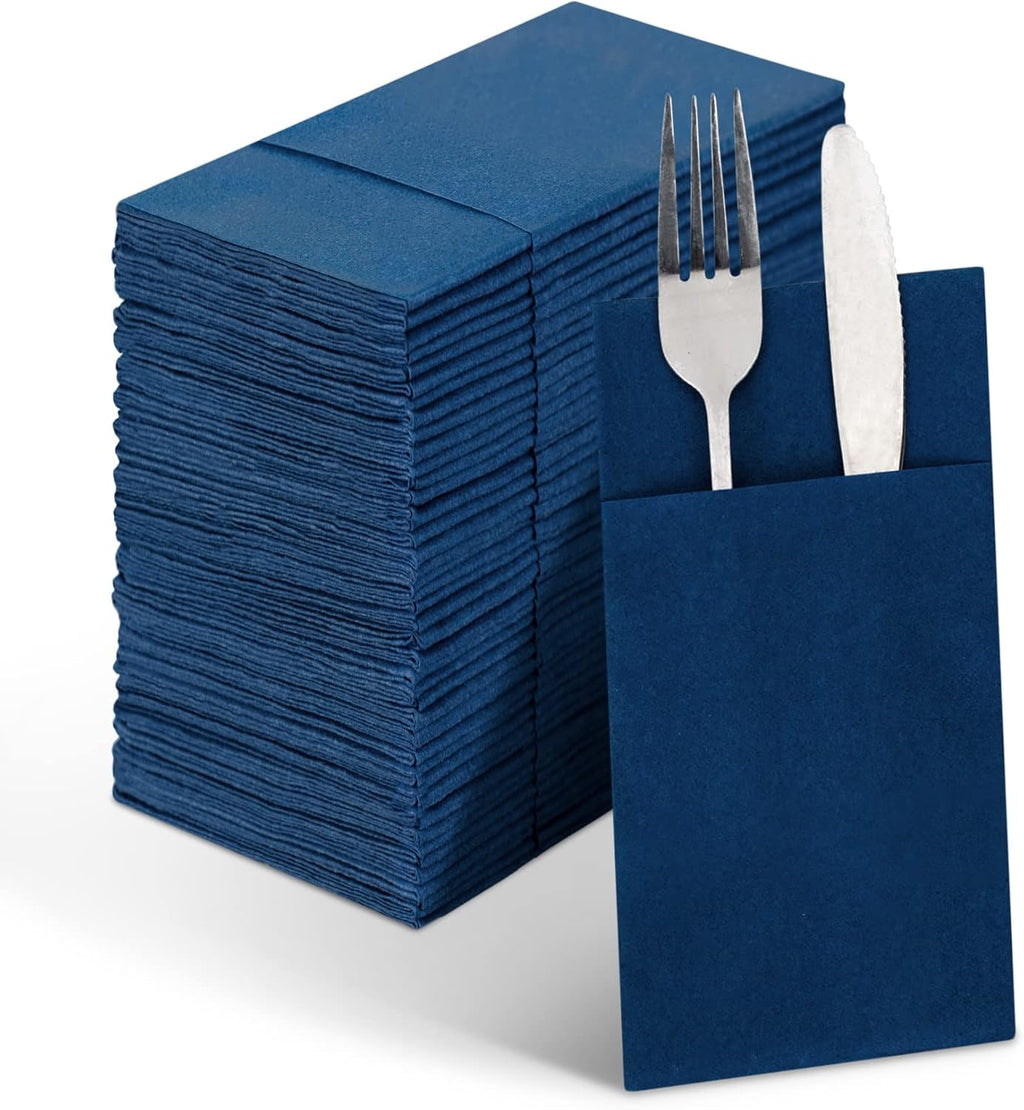 Linen-Feel Navy Blue Paper Napkins, 50 Pcs Cloth Like Dinner Napkins with Built-in Flatware Pocket, Pre-Folded Absorbent Disposable Guest Paper Hand Towels for Bathroom, Weddings Party